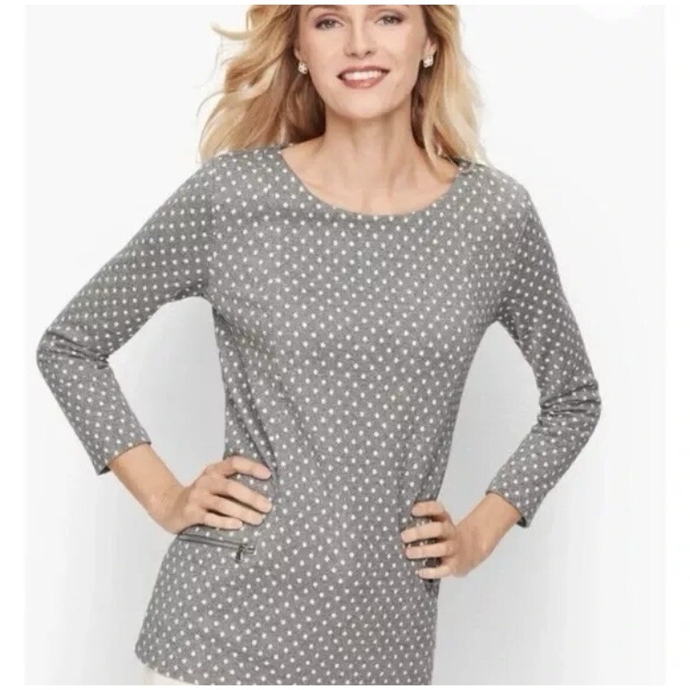 Talbots Womens Gray Silver‎ White Polka Dot Top Size S Zip Pockets Party Career